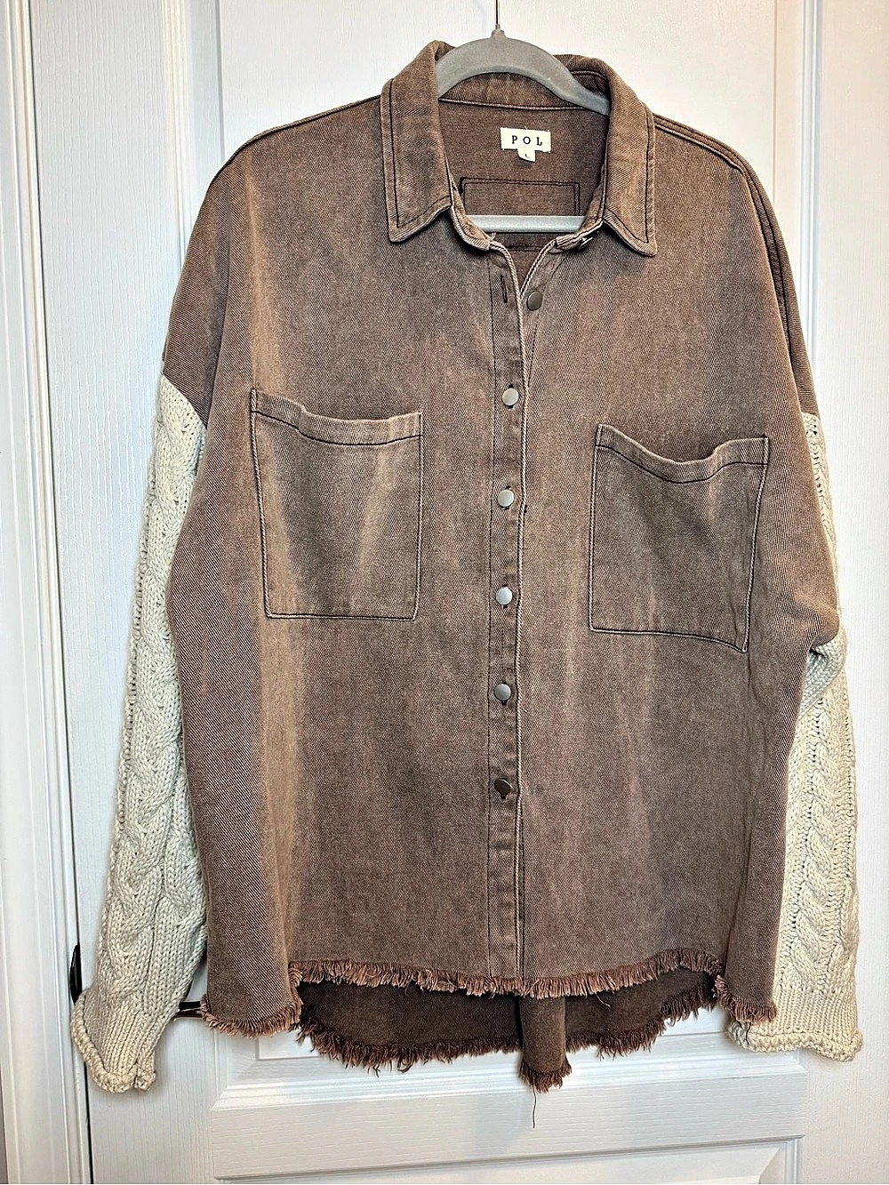 POL Brown Denim Shacket Jacket Cream Cable Knit Sweater Sleeves Raw Hem Boho Lar